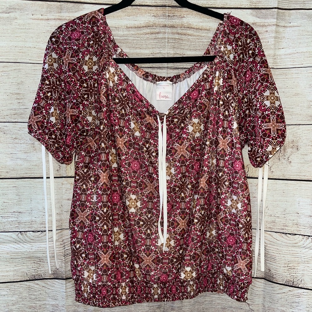 🤎3/$10 Luna Pink and Brown Blouse Size Large - Picture 3 of 8